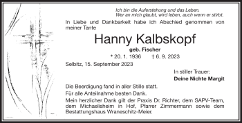 Traueranzeige von Hanny Kalbskopf von Frankenpost