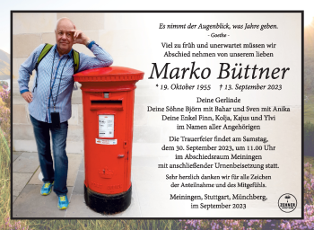 Traueranzeige von Marko Büttner von Südthüringer Presse
