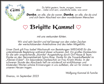 Traueranzeige von Brigitte Kammel von Südthüringer Presse