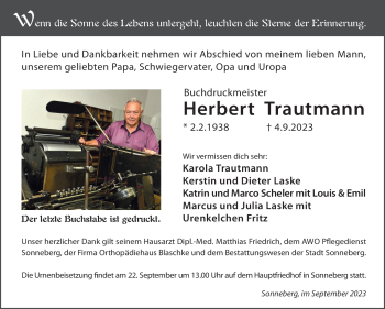 Traueranzeige von Herbert Trautmann von Südthüringer Presse
