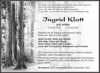 Traueranzeige von Ingrid Klatt von Südthüringer Presse