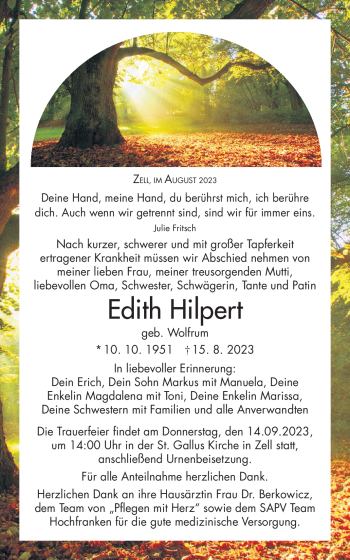 Traueranzeige von Edith Hilpert von Frankenpost