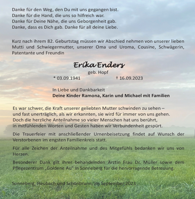  Traueranzeige für Erika Enders vom 23.09.2023 aus Südthüringer Presse