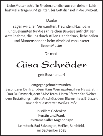 Traueranzeige von Gisa Schröder von Südthüringer Presse