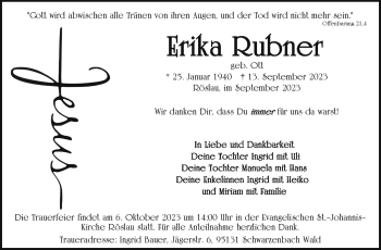 Traueranzeige von Erika Rubner von Frankenpost