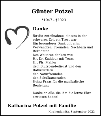 Traueranzeige von Günter Potzel von Frankenpost