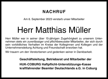 Traueranzeige von Matthias Müller von Neue Presse Coburg