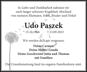 Traueranzeige von Udo Paszek von Frankenpost