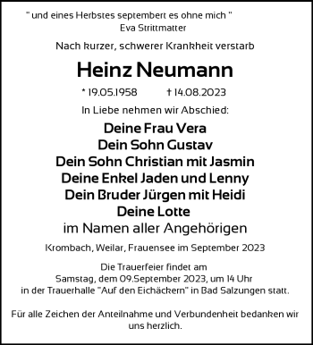 Traueranzeige von Heinz Neumann von Südthüringer Presse