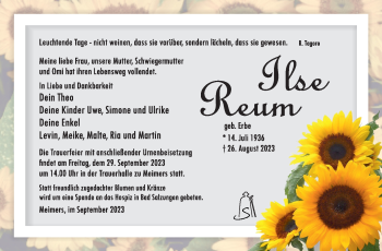 Traueranzeige von Ilse Reum von Südthüringer Presse
