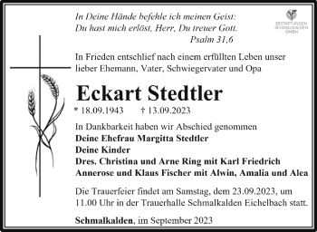 Traueranzeige von Eckart Stedtler von Südthüringer Presse
