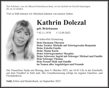 Traueranzeige von Kathrin Dolezal von Südthüringer Presse