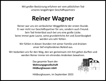 Traueranzeige von Reiner Wagner von Südthüringer Presse