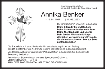 Traueranzeige von Annika Benker von Frankenpost