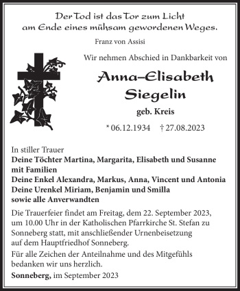Traueranzeige von Anna-Elisabeth Siegelin von Südthüringer Presse