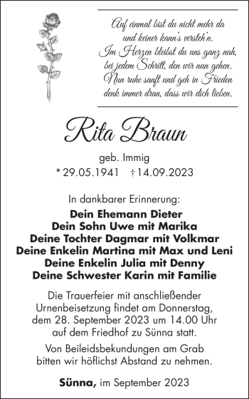 Traueranzeige von Rita Braun von Südthüringer Presse