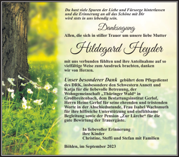 Traueranzeige von Hildegard Heyder von Südthüringer Presse