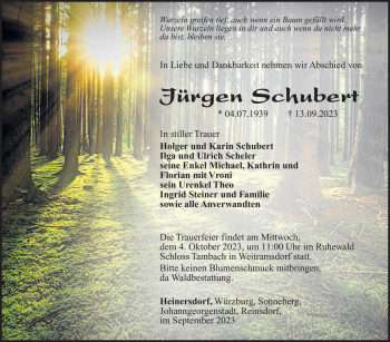 Traueranzeige von Jürgen Schubert von Südthüringer Presse