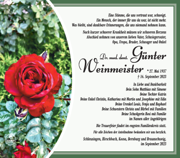 Traueranzeige von Dr.Günter Weinmeister von Südthüringer Presse