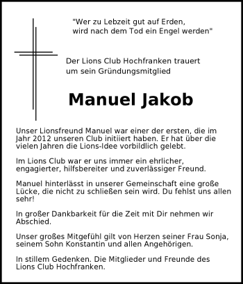 Traueranzeige von Manuel Jakob von Frankenpost