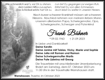 Traueranzeige von Frank Bühner von Südthüringer Presse