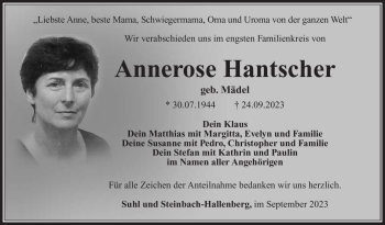 Traueranzeige von Annerose Hantscher von Südthüringer Presse