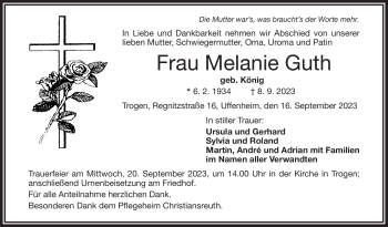 Traueranzeige von Melanie Guth von Frankenpost