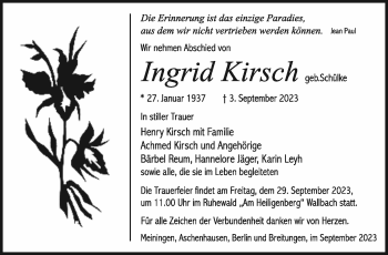 Traueranzeige von Ingrid Kirsch von Südthüringer Presse