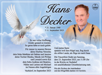 Traueranzeige von Hans Decker von Südthüringer Presse