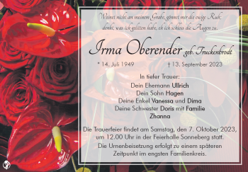 Traueranzeige von Irma Oberender von Südthüringer Presse
