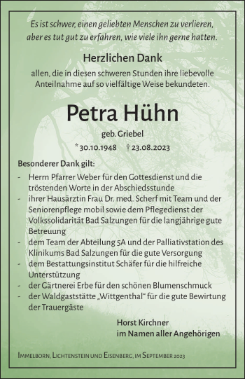 Traueranzeige von Petra Hühn von Südthüringer Presse