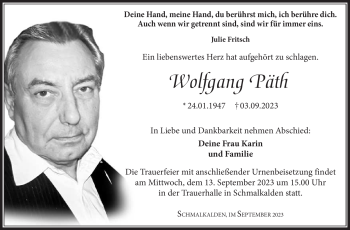 Traueranzeige von Wolfgang Päth von Südthüringer Presse