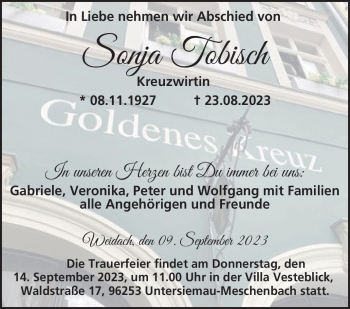 Traueranzeige von Sonja Tobisch von Neue Presse Coburg