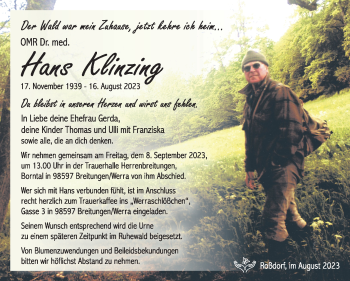 Traueranzeige von Hans Klinzing von Südthüringer Presse