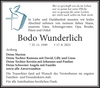 Traueranzeige von Bodo Wunderlich von Frankenpost
