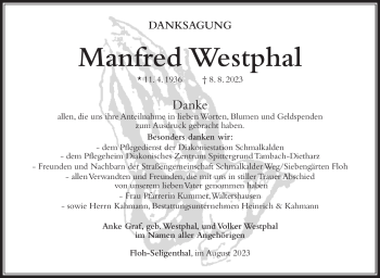 Traueranzeige von Manfred Westphal von Südthüringer Presse