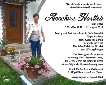 Traueranzeige von Lore Hartlieb von Südthüringer Presse
