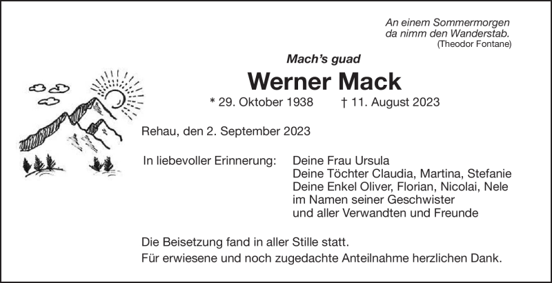  Traueranzeige für Werner Mack vom 02.09.2023 aus Frankenpost