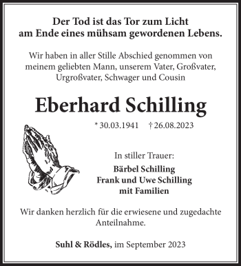 Traueranzeige von Eberhard Schilling von Südthüringer Presse