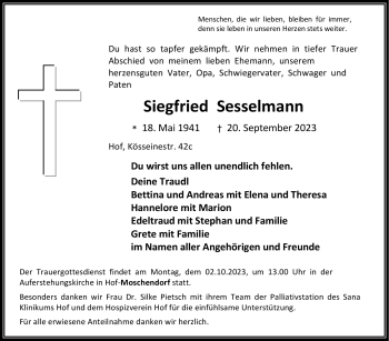 Traueranzeige von Siegfried Sesselmann von Frankenpost