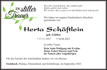 Traueranzeige von Herta Schäftlein von Südthüringer Presse