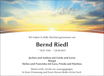 Traueranzeige von Bernd Riedl von Frankenpost