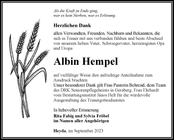 Traueranzeige von Albin Hempel von Südthüringer Presse