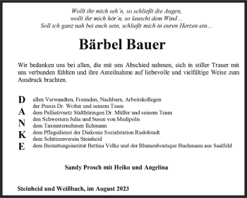 Traueranzeige von Bärbel Bauer von Südthüringer Presse