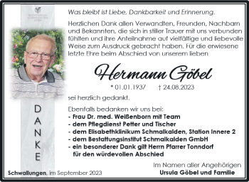 Traueranzeige von Hermann Göbel von Südthüringer Presse