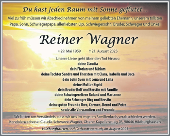 Traueranzeige von Reiner Wagner von Südthüringer Presse