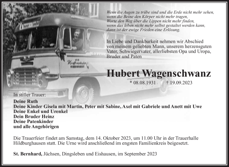  Traueranzeige für Hubert Wagenschwanz vom 30.09.2023 aus Südthüringer Presse