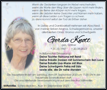 Traueranzeige von Gerda Knott von Südthüringer Presse