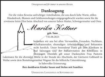 Traueranzeige von Monika Kettner von Südthüringer Presse