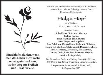 Traueranzeige von Helga Hopf von Südthüringer Presse
